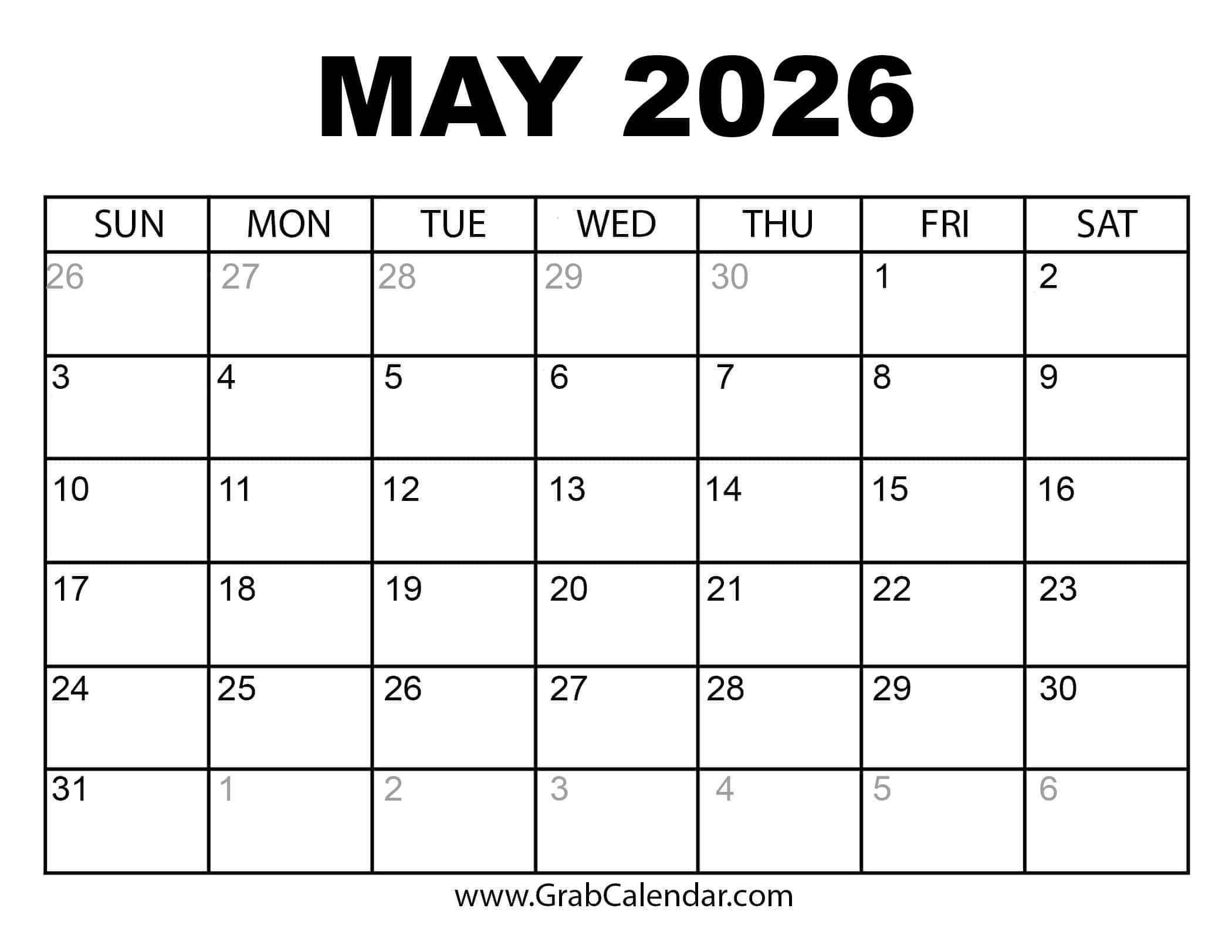 Printable May 2026 Calendar - August 2025 - May 2026 Calendar Printable