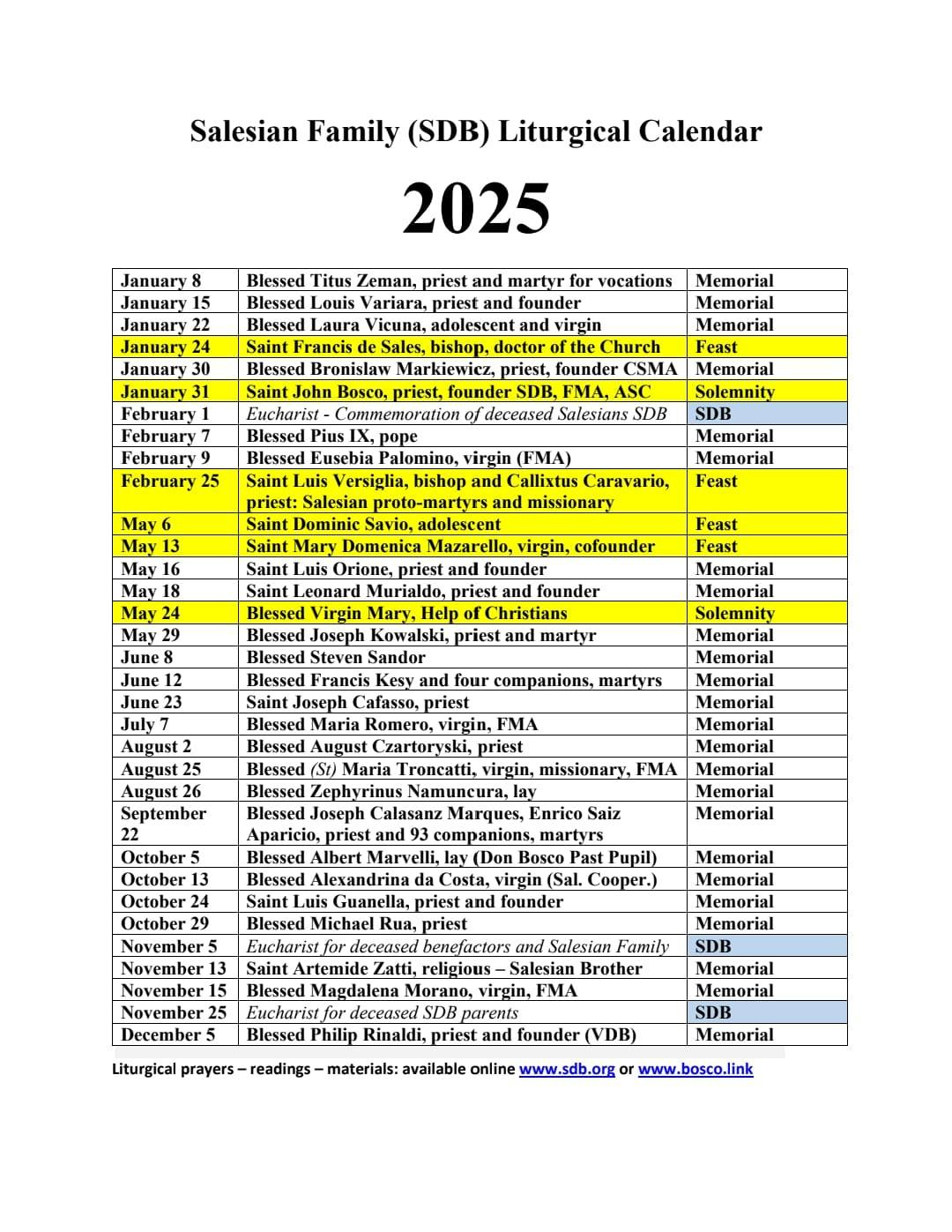 Resource - 2025 Salesian Family Calendar - Liturgy Prayer Intentions - August Saints Calendar 2025