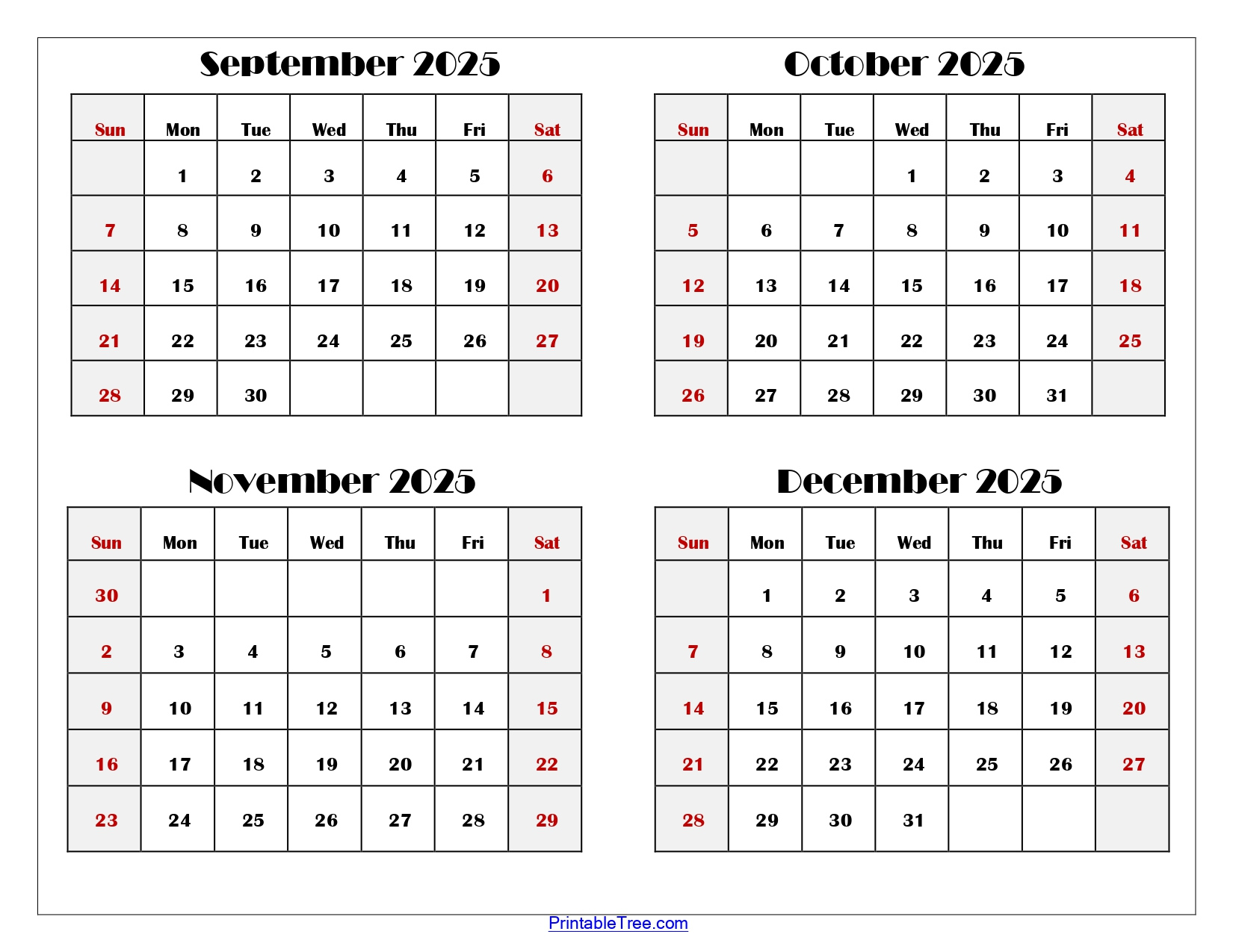 September To December 2025 Calendar Printable Pdf | Four Months - August September October November December 2025 Calendar