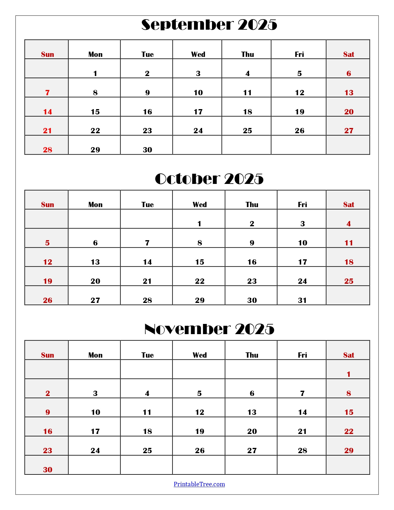 September To November 2025 Calendar Printable Pdf | Three Months - August September October November 2025 Calendar