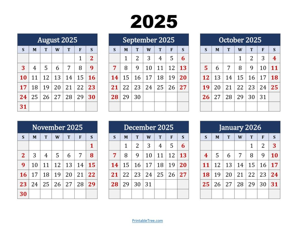 Six Month Calendar 2024-2025 Printable Pdf- 6 Months Calendar - August 2025 - July 2026 Calendar