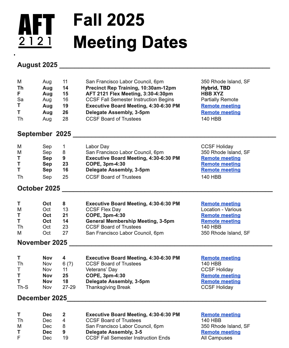 Tech Reporting Form | Aft 2121 - Ccsf August 2025 Calendar