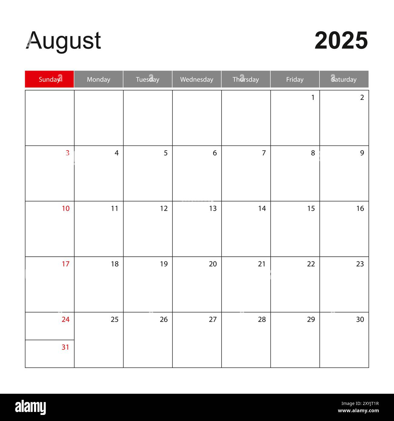 Wall Calendar Template For August 2025. Holiday And Event Planner - August Calendar 2025 Event/Holidays