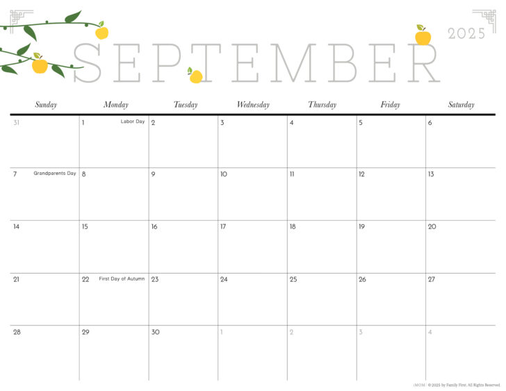 September Calendar 2025 Printable Cute