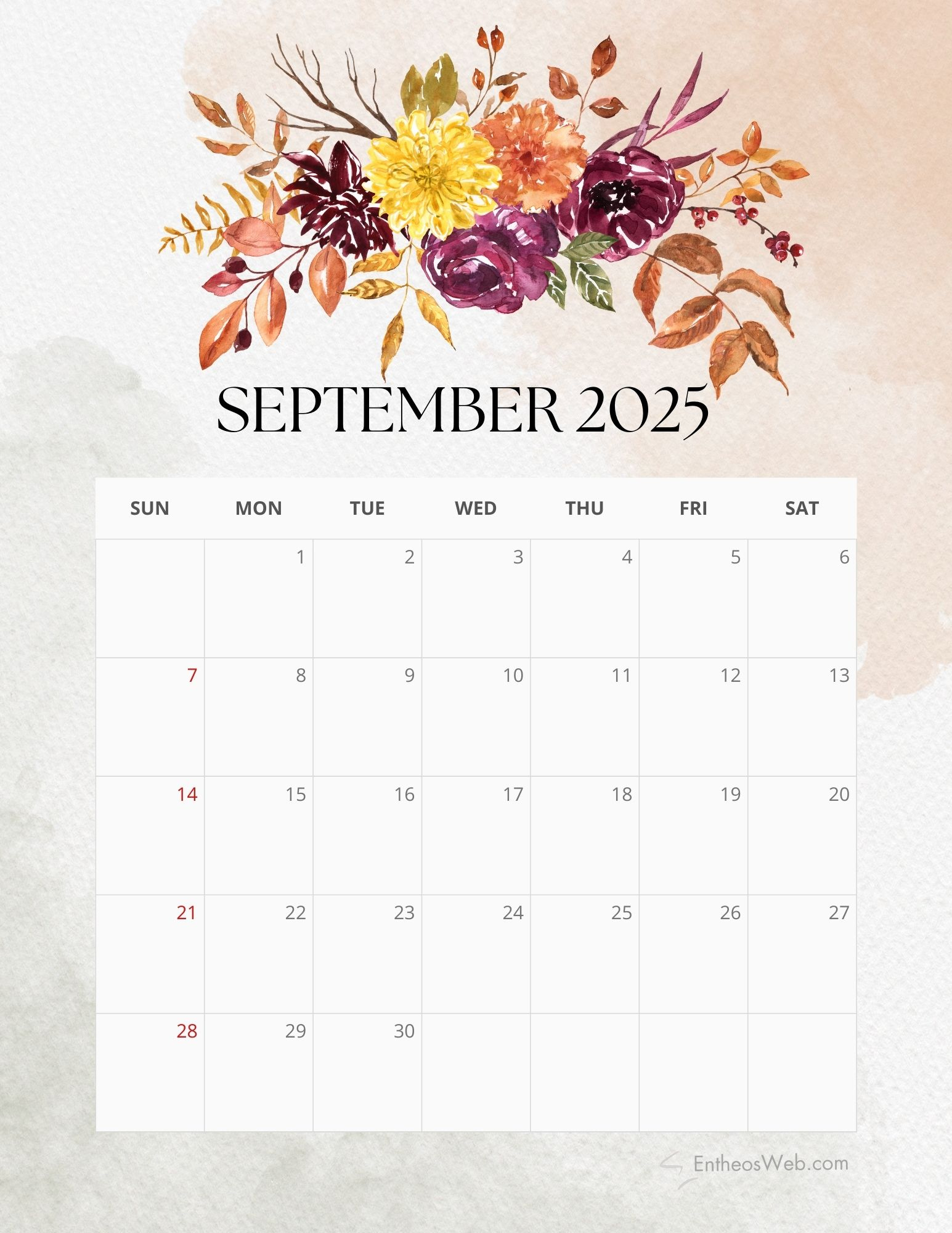 2025 Floral Monthly Calendar Free Pdf Printable | Entheosweb - September 2025 Calendar Flowers