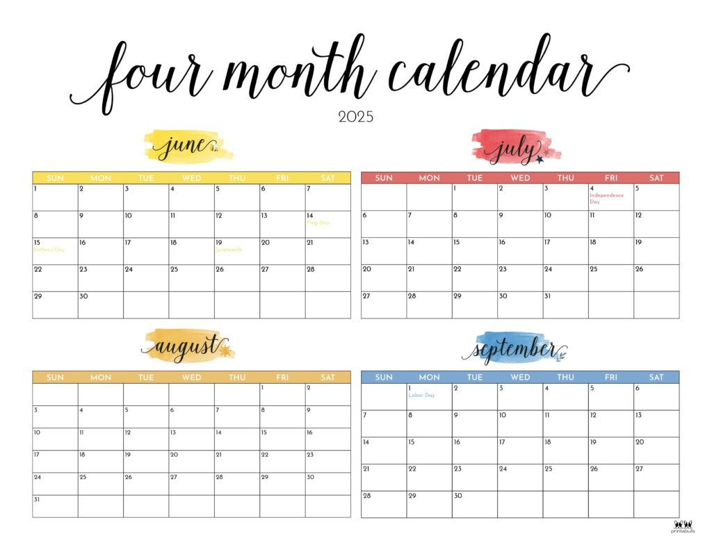2025 Four Month Calendars - 31 Free Printables | Printabulls - 4 Month Calendar June Through September 2025