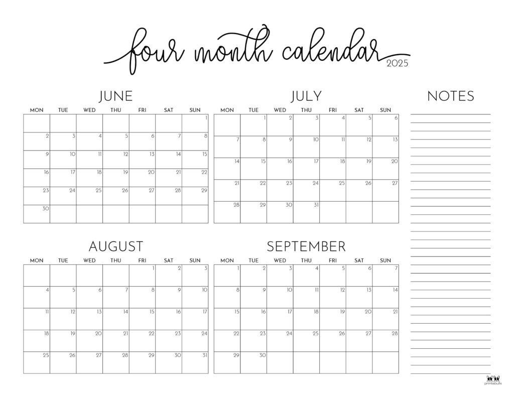 2025 Four Month Calendars - 31 Free Printables | Printabulls - Free Printable Calendar July September 2025