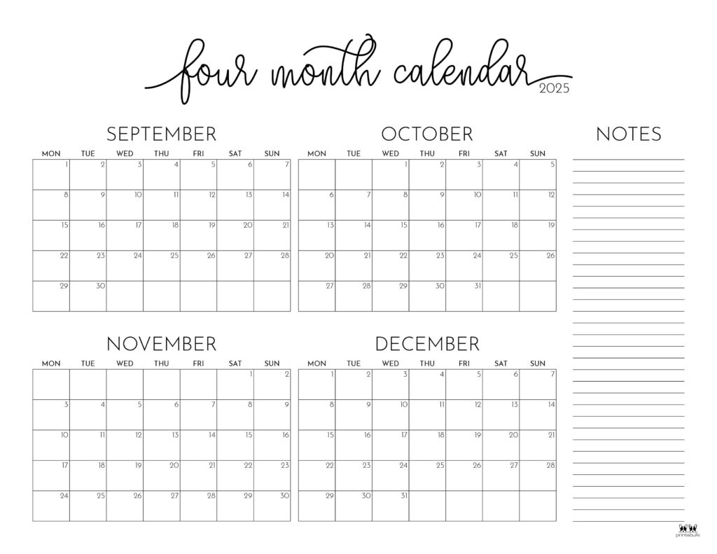 2025 Four Month Calendars - 31 Free Printables | Printabulls - Printable Calendar 2025 September October November