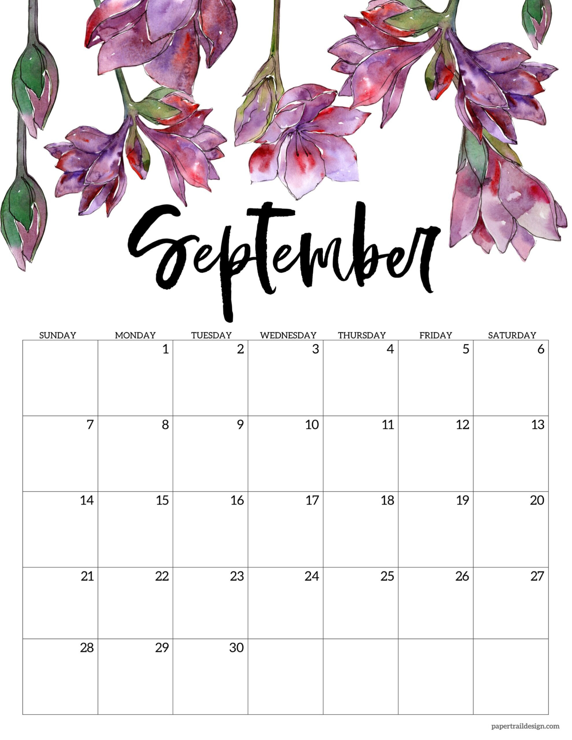 2025 Free Printable Calendar - Floral - Paper Trail Design - September 2025 Calendar Flowers