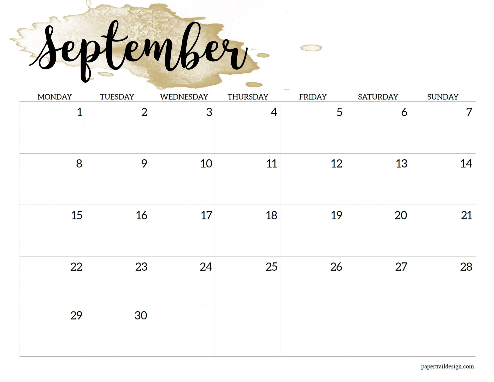 2025 Monday Start Calendar Printable - Watercolor - Paper Trail Design - September 2025 Calendar Monday to Sunday