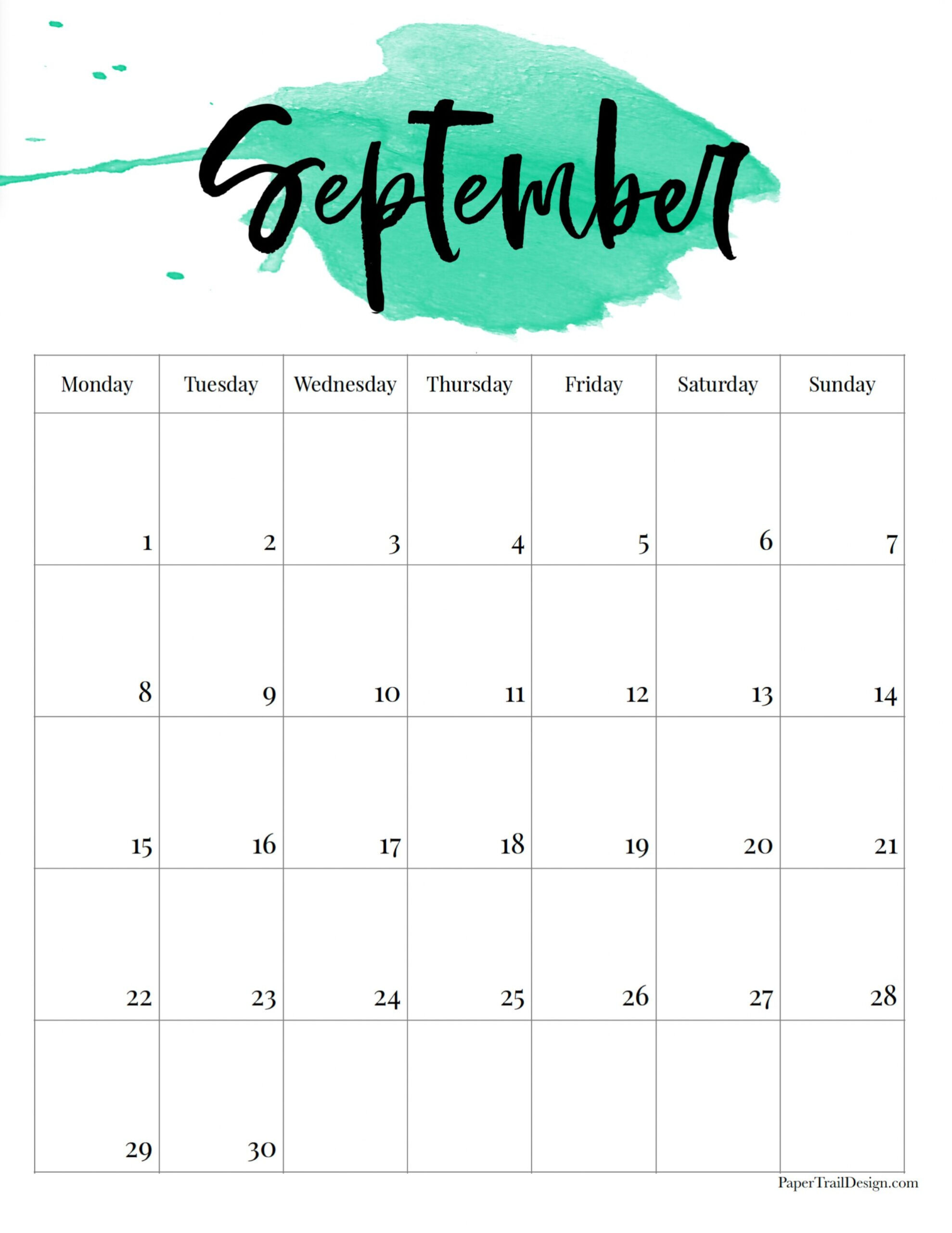 2025 Monday Start Watercolor Calendar - Paper Trail Design - September 2025 Calendar Vertical