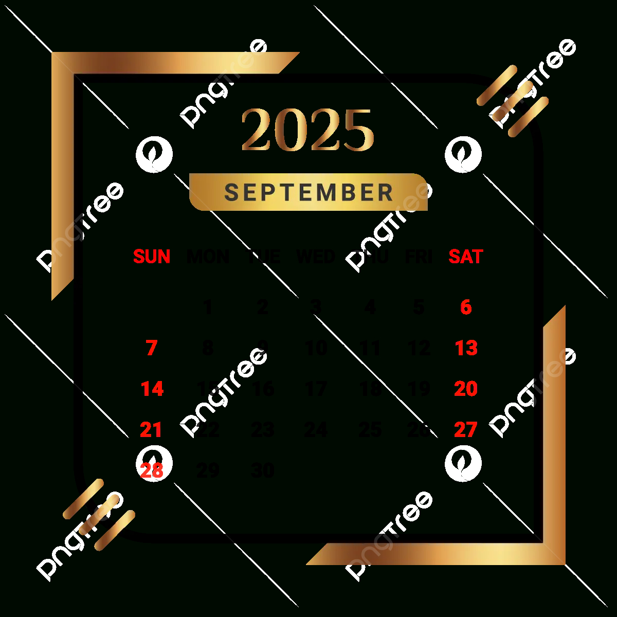 2025 September Month Calendar With Black And Golden Vector - September 2025 Calendar Png