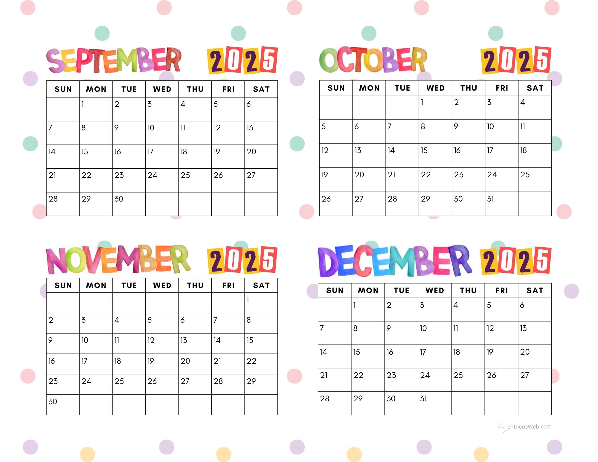 4 Month Calendar Printables – September, October, November And - Calendar 2025 September to December