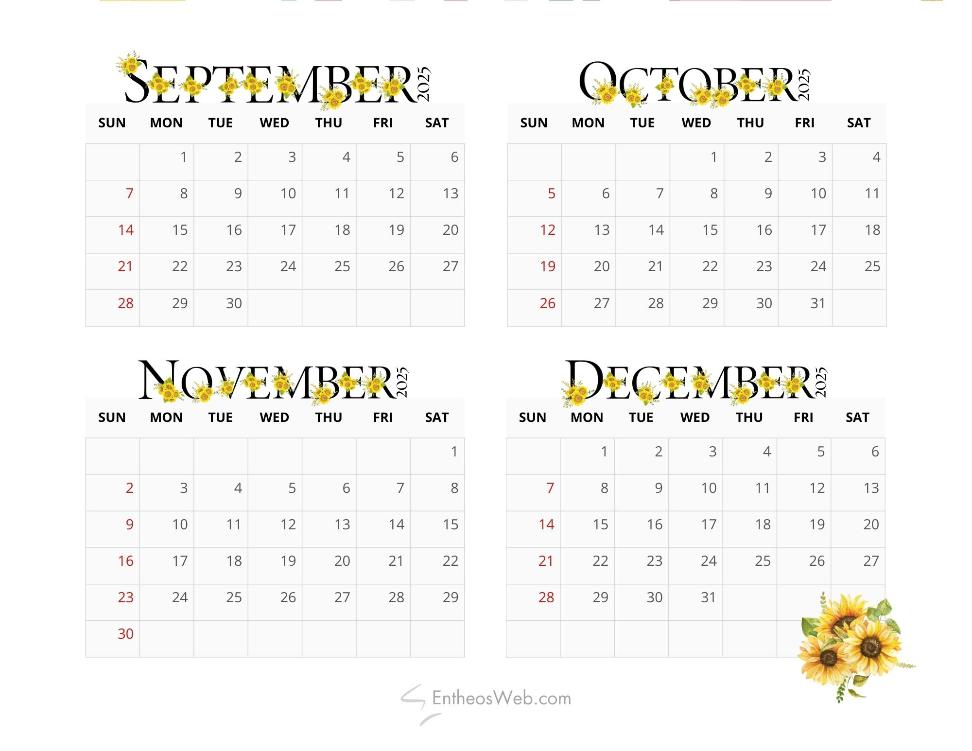 4 Month Calendar Printables – September, October, November And - Printable Calendar September to December 2025