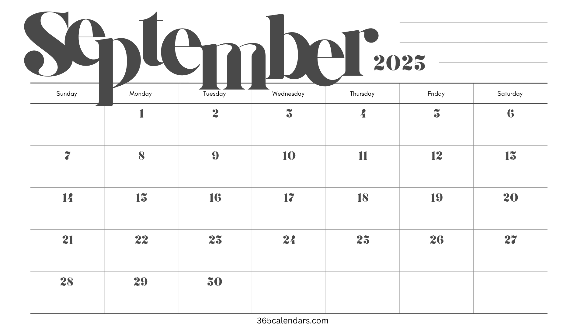 September 2025 Calendar Printable - 365calendars.com