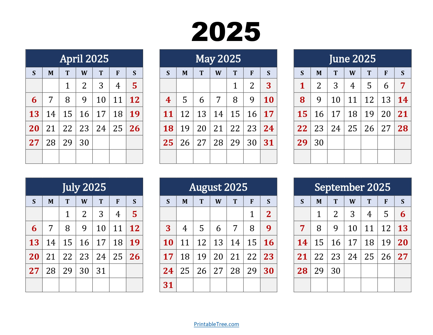 April To September 2025 Calendar Printable Pdf | Six Months Calendar - April to September 2025 Calendar