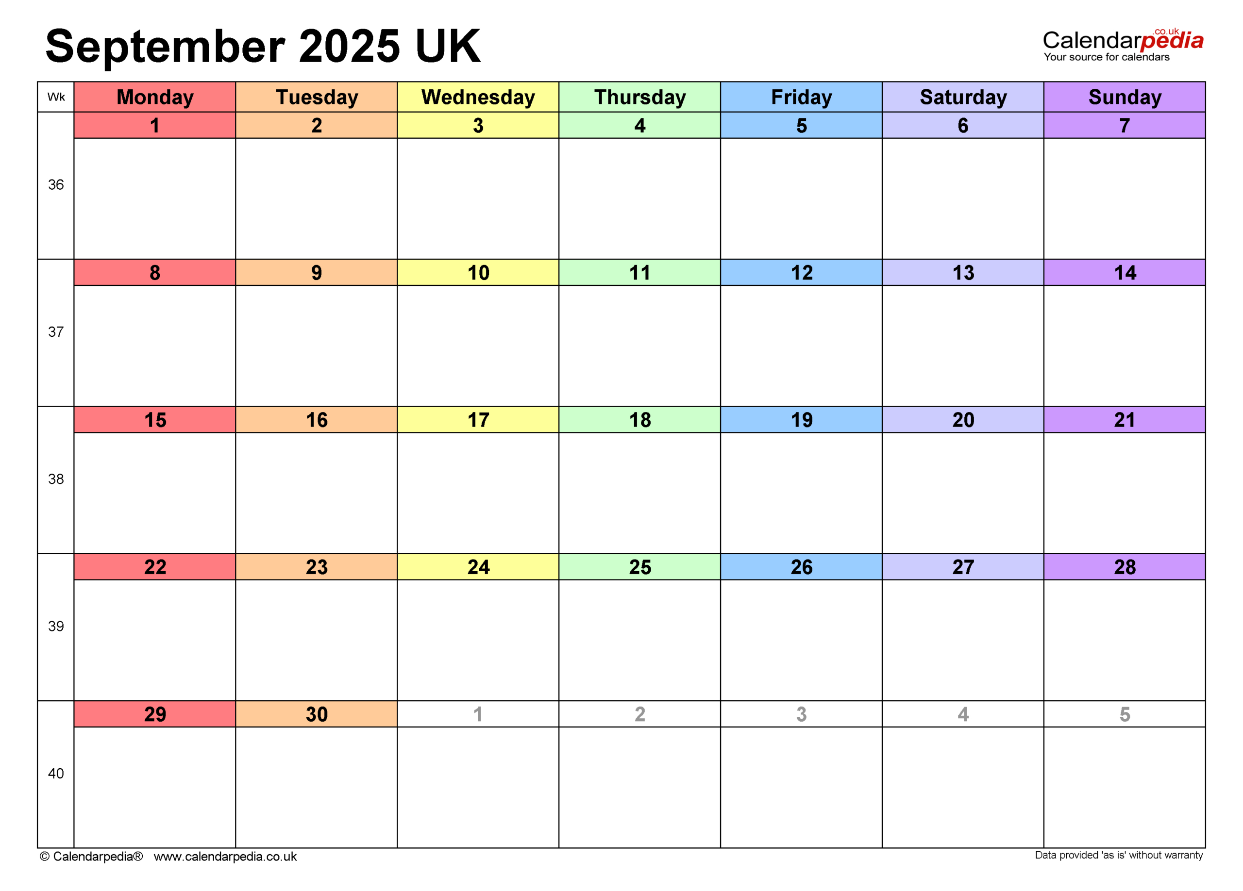 Calendar September 2025 Uk With Pdf, Excel And Word Templates - Printable Calendar September 2025 Uk