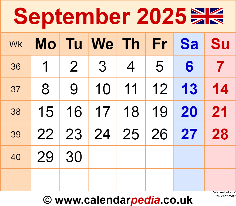Calendar September 2025 Uk With Pdf, Excel And Word Templates - Printable Calendar September 2025 Uk