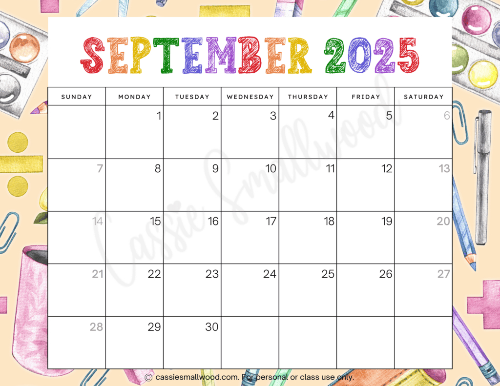Cute 2025 Free Printable Monthly Calendars - Cassie Smallwood - September 2025 Calendar Homemade Gifts