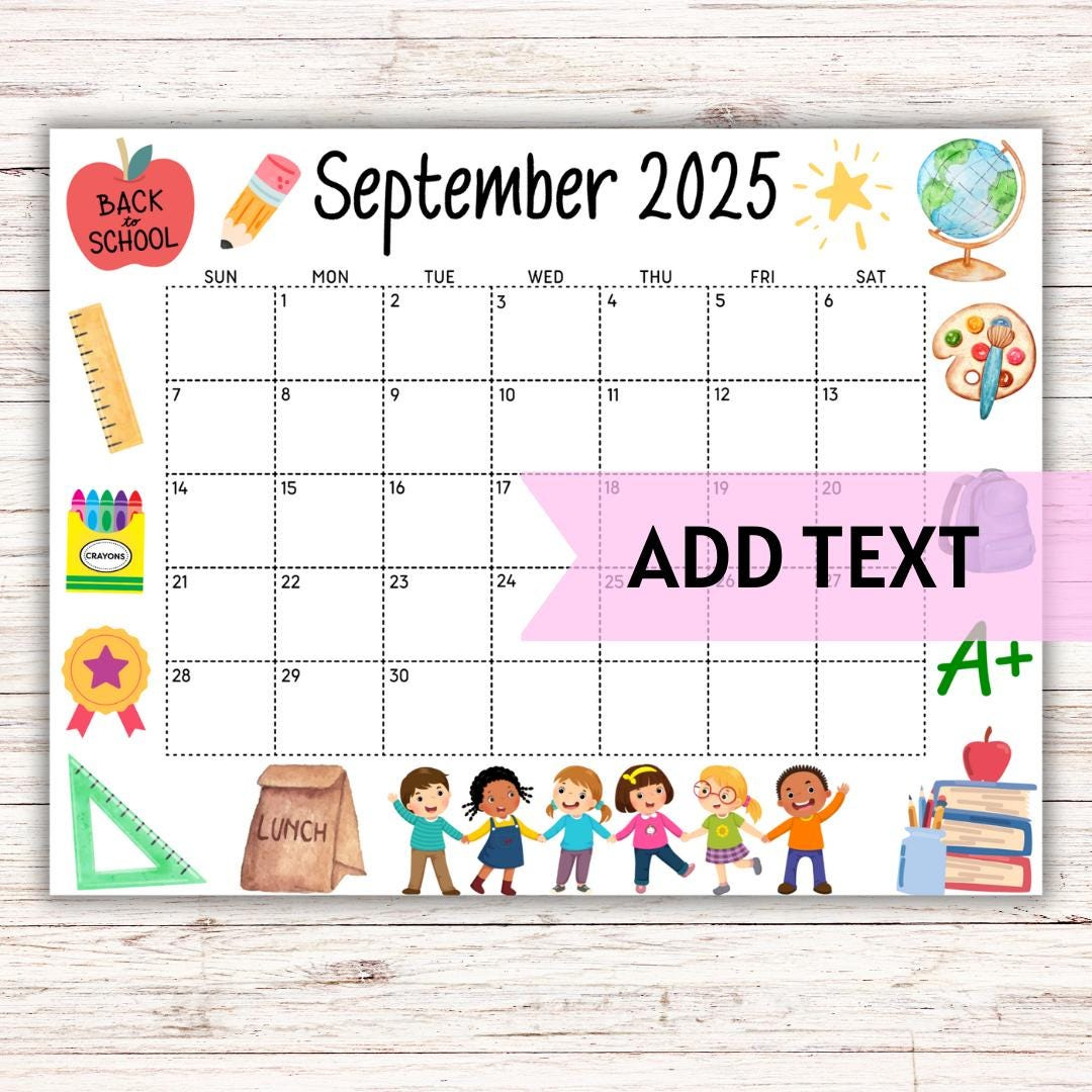 Editable Printable September Calendar 2025 | | Back To School September Calendar W/ School Kids | Classroom Calendar | Preschool Calendar - Etsy - September 2025 Calendar Kids