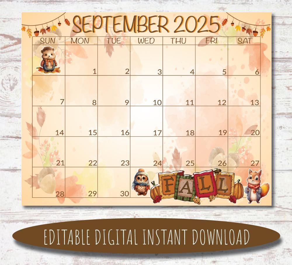 Editable September 2025 Calendar | Digital Calendar | Printable - September 2025 Calendar Etsy