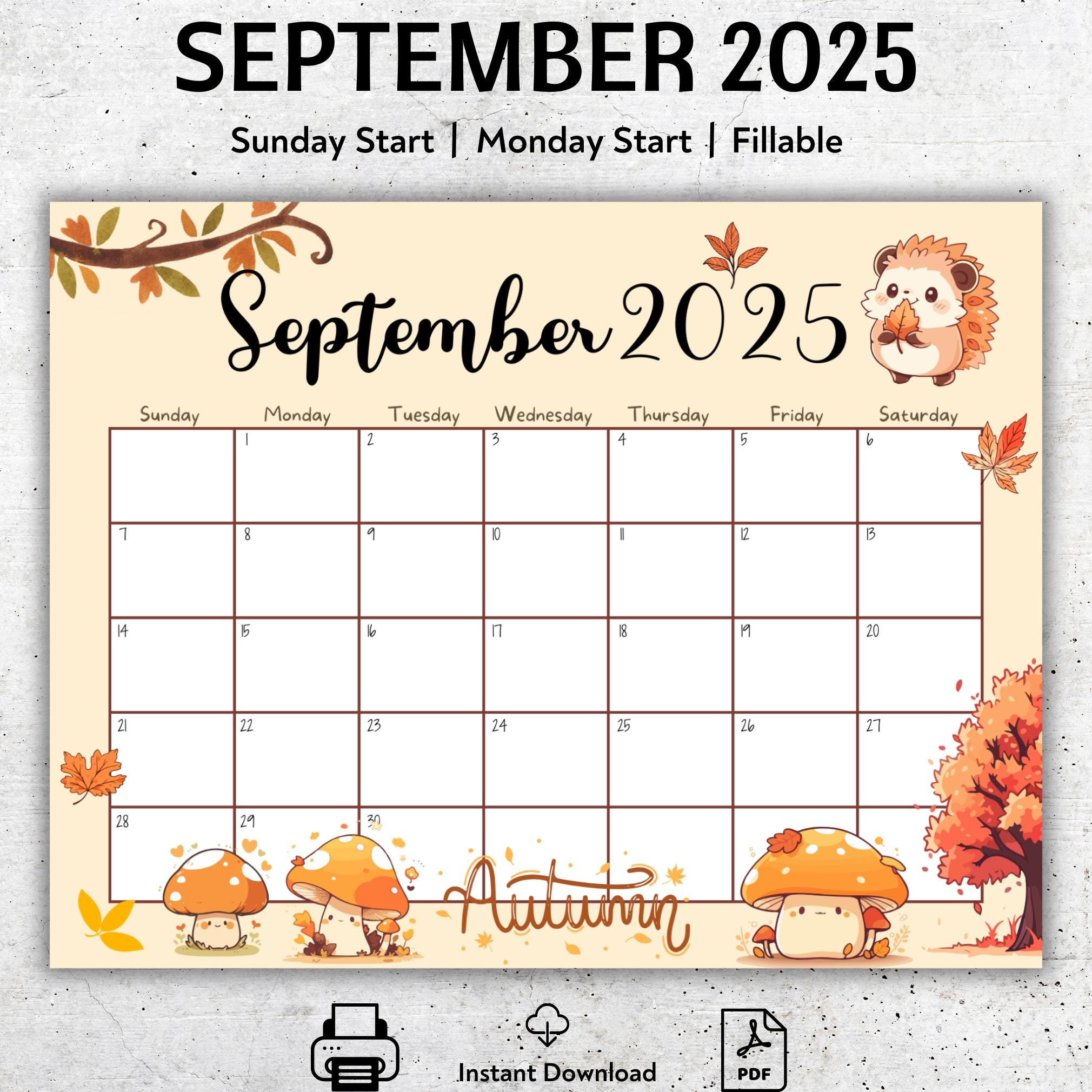 Editierbarer Kalender September 2025, Herbstfarben, Druckbarer - September 2025 Calendar Fall