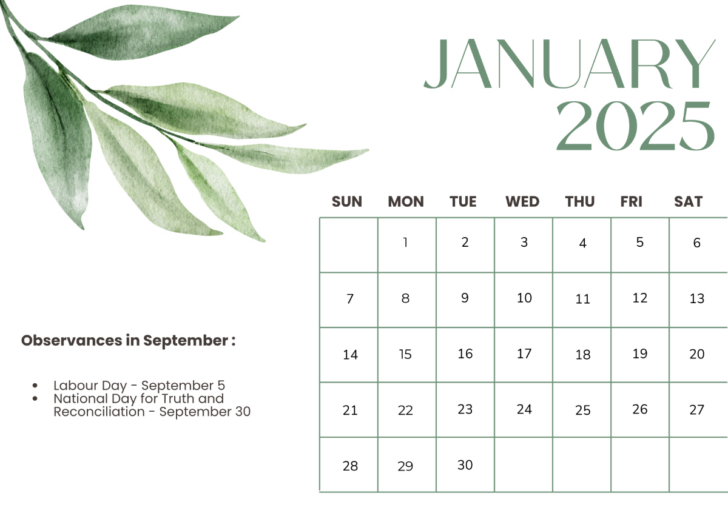 September 2025 Calendar Canada