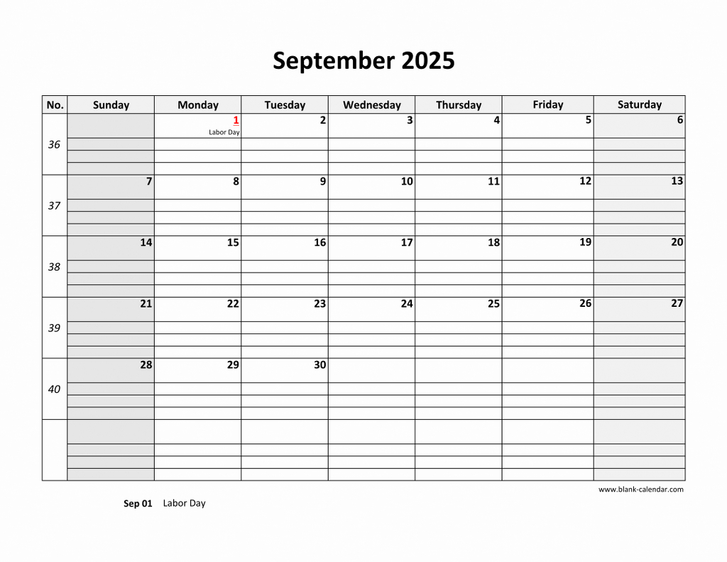 Free Download Printable September 2025 Calendar, Large Box Grid - September 2025 Calendar With Lines