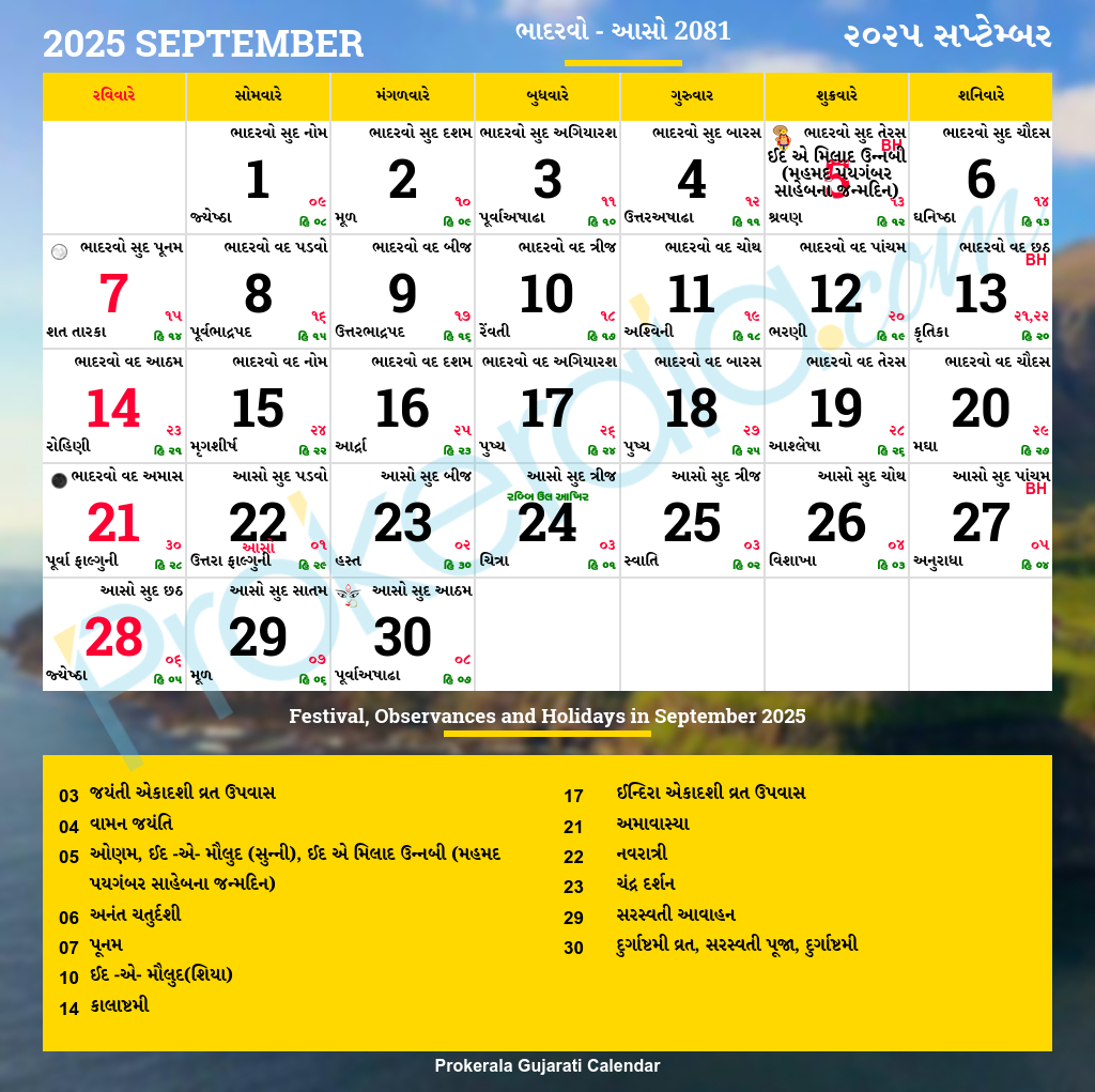 Gujarati Calendar September, 2025 | Vikram Samvat 2081, Bhadarvo, Aso - September 2025 Calendar Gujarati Hd Free