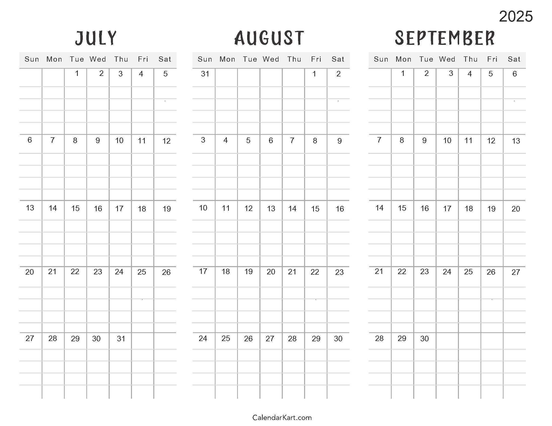 July To September 2025 Calendar (Q3) - Calendarkart - Free Printable Calendar July September 2025