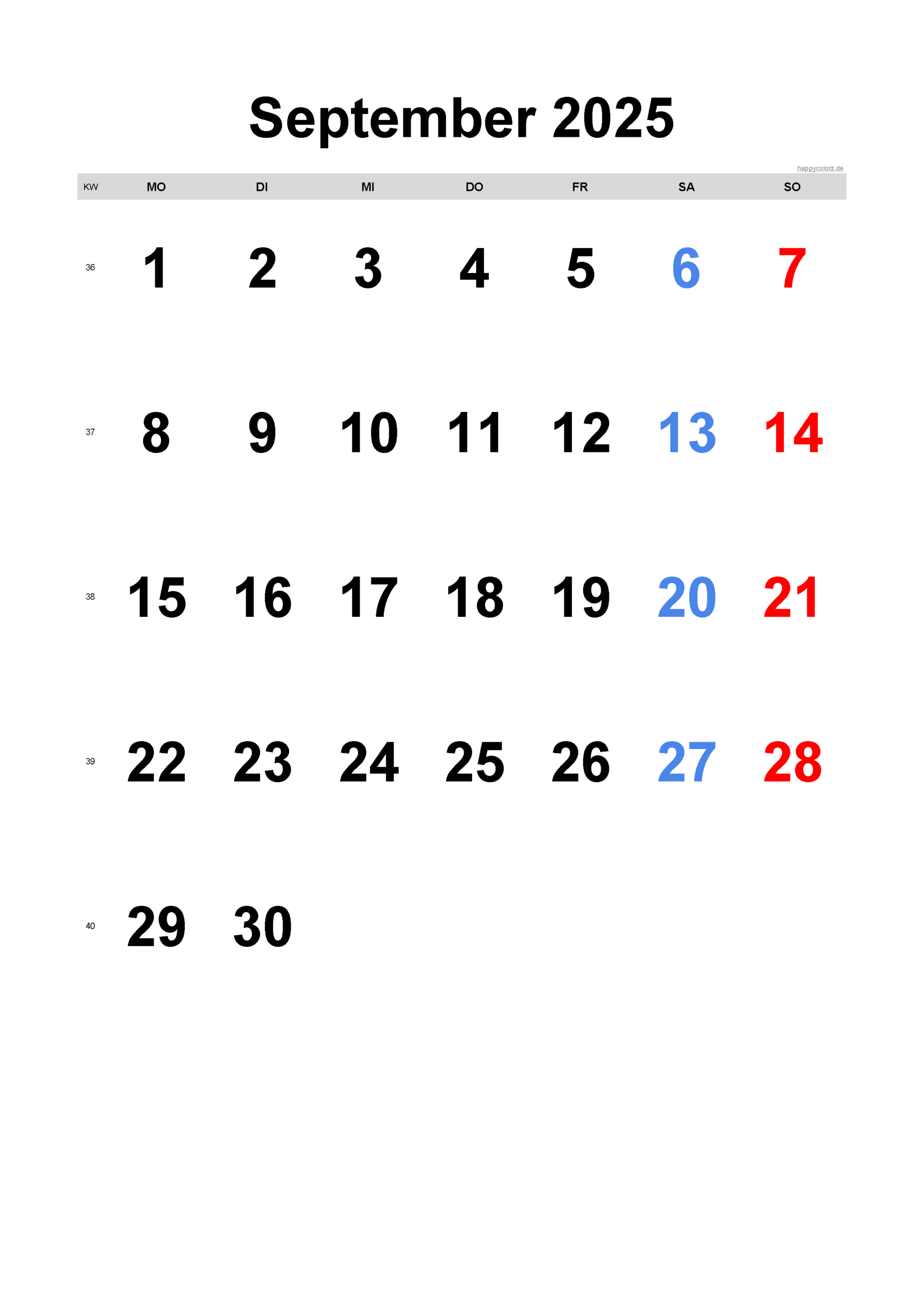 Kalender September 2025 Zum Ausdrucken (Pdf, Xls, Png) - September September 2025