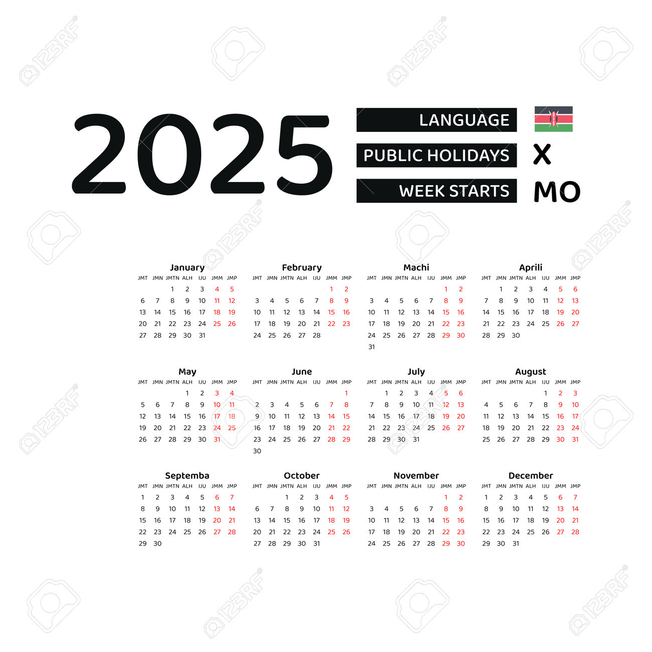 Kenya Calendar 2025. Week Starts From Monday. Vector Graphic - Printable Calendar 2025 with Holidays Kenya