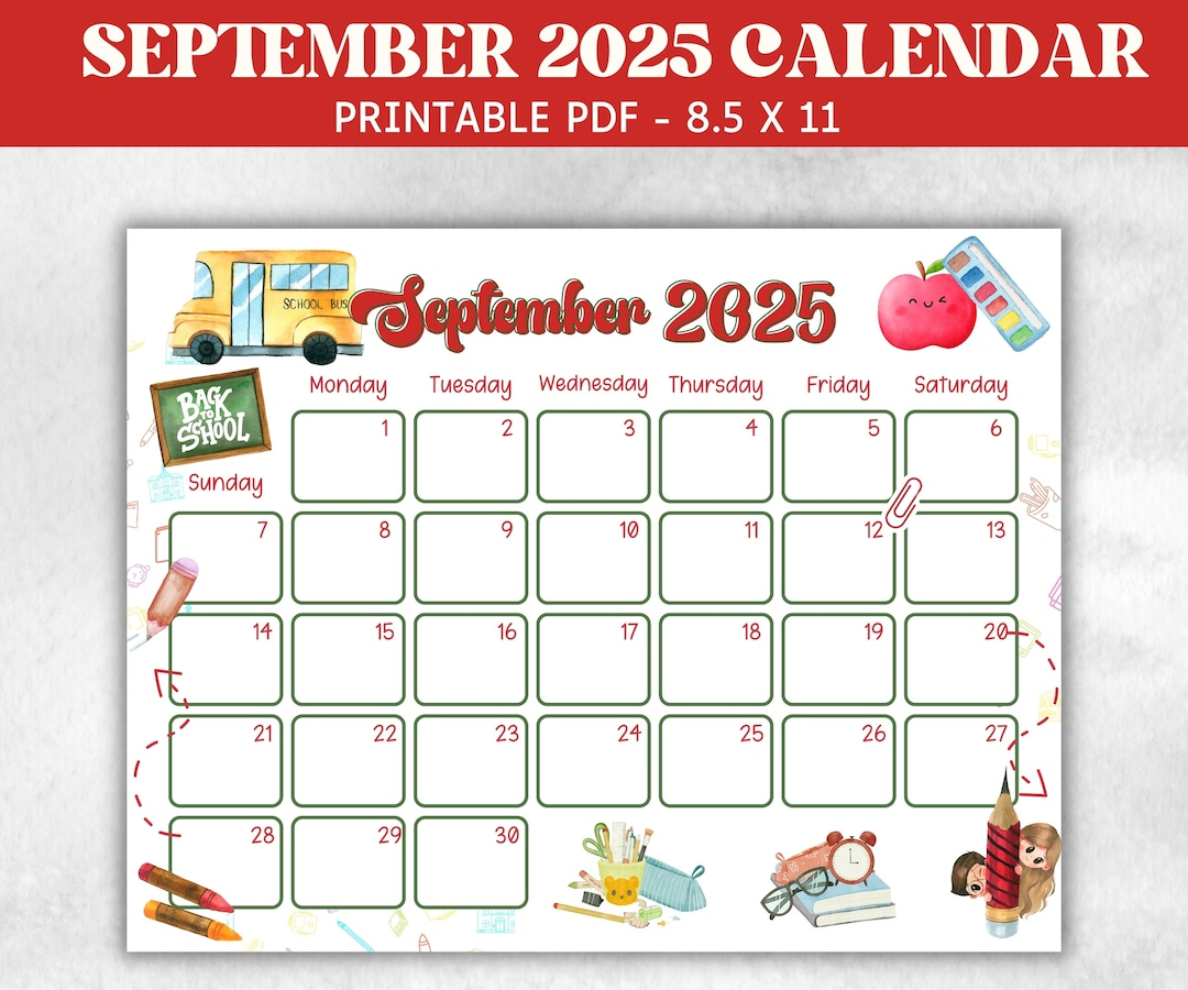 Kid September 2025 Calendar, Printable 2025 Calendar, Homeschool - September 2025 Calendar School