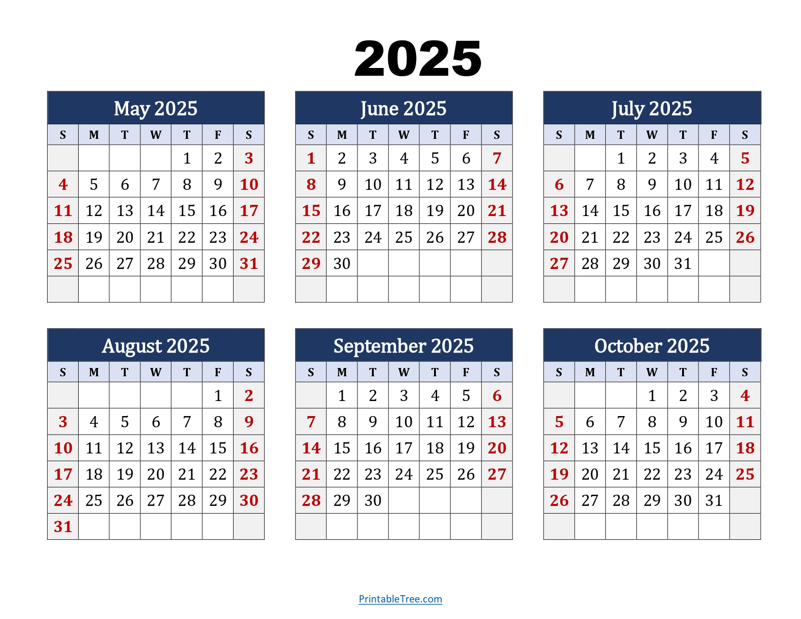 May To October 2025 Calendar Printable Pdf | Six Months Calendar - May To September 2025 Calendar