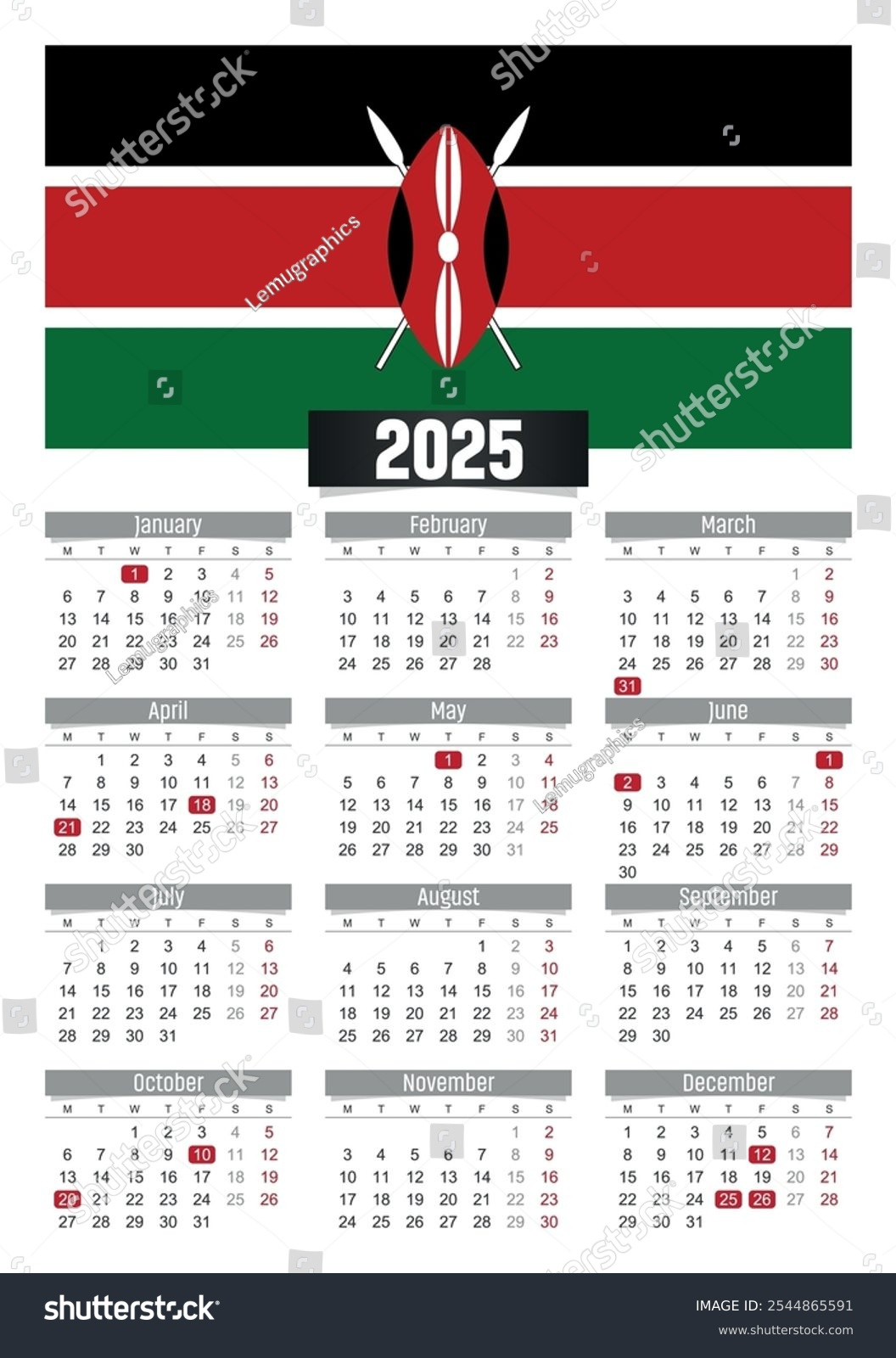 New Year 2025 Calendar Kenya Flag Stock Vector (Royalty Free - Printable Calendar 2025 with Holidays Kenya