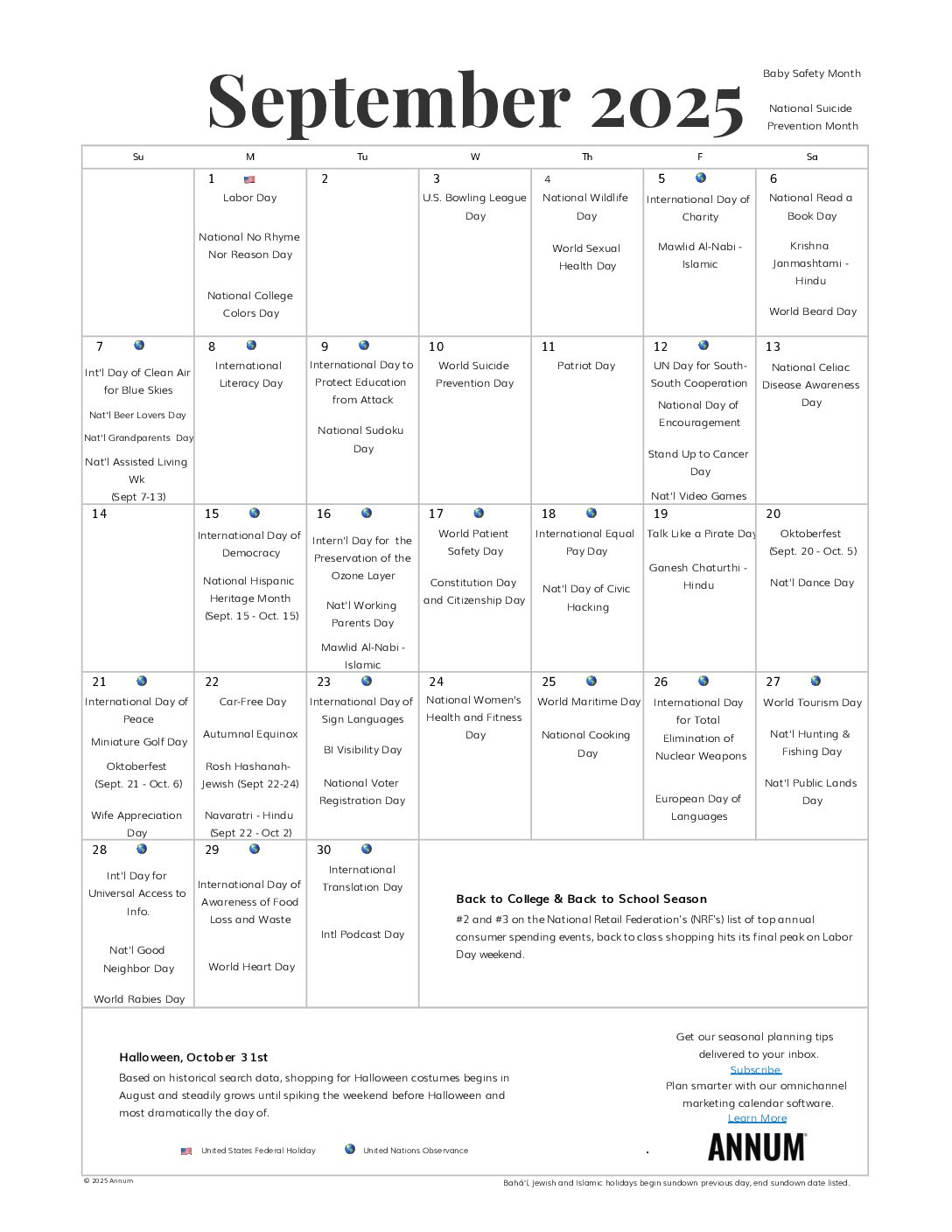 Printable September 2025 Calendar | September Holidays | Annum - September 2025 Calendar Events