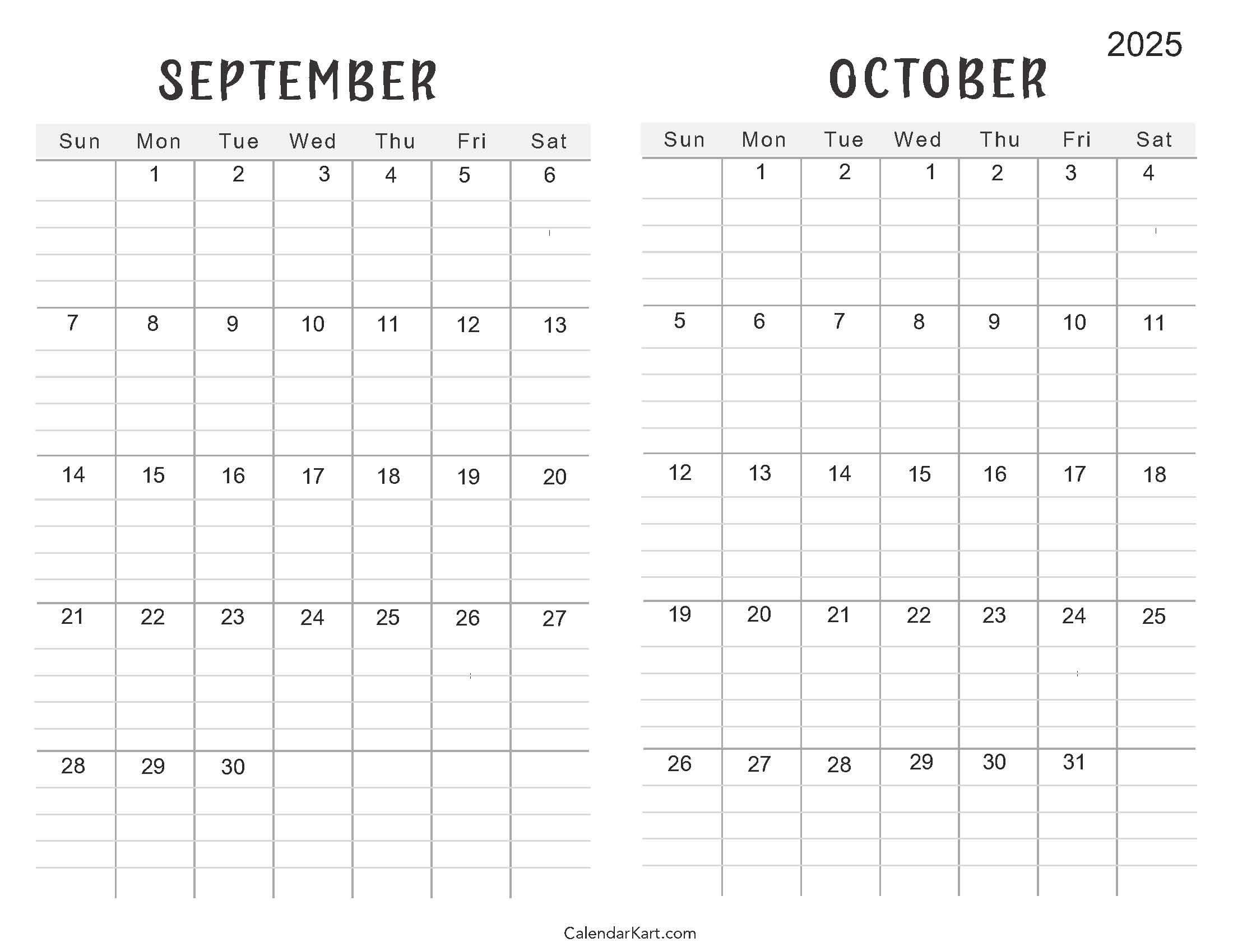 Printable September October 2025 Calendar | Calendarkart - Printable September October 2025 Calendar