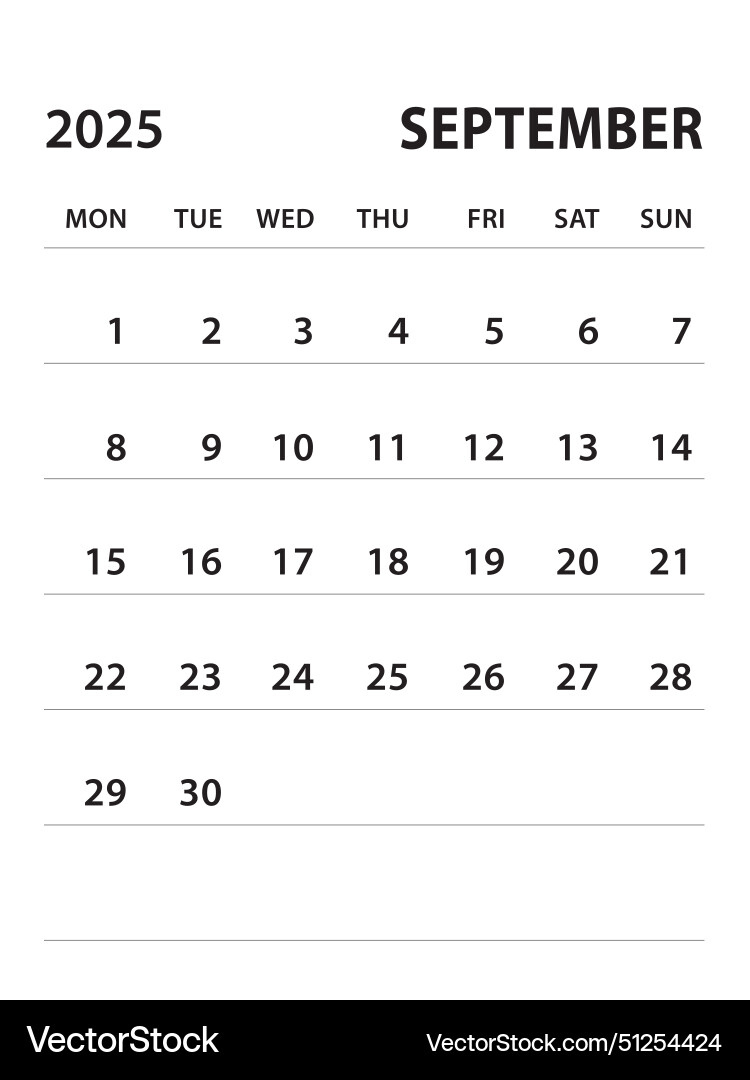 September 2025-Calendar 2025 Template Royalty Free Vector - September 2025 Calendar Black And White