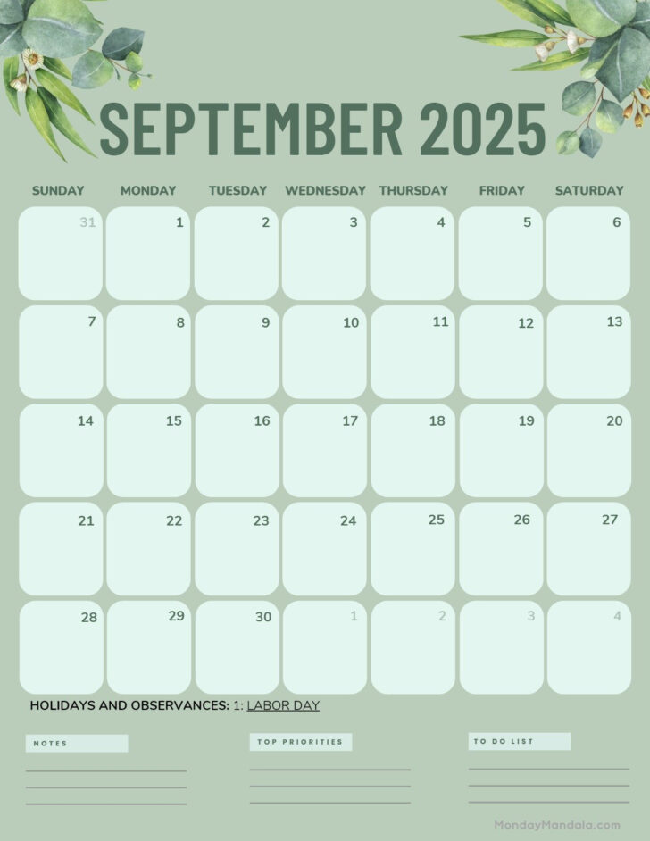 September 2025 Calendar Green