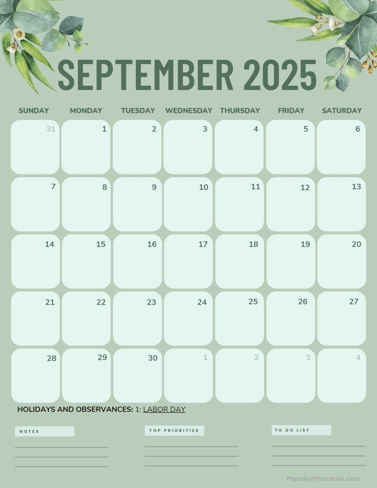 September 2025 Calendar (52 Free Pdf Printables) - September 2025 Calendar Green