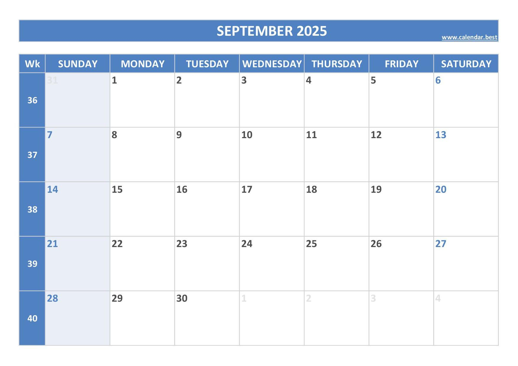 September 2025 Calendar -Calendar.best - September 2025 Calendar Blue