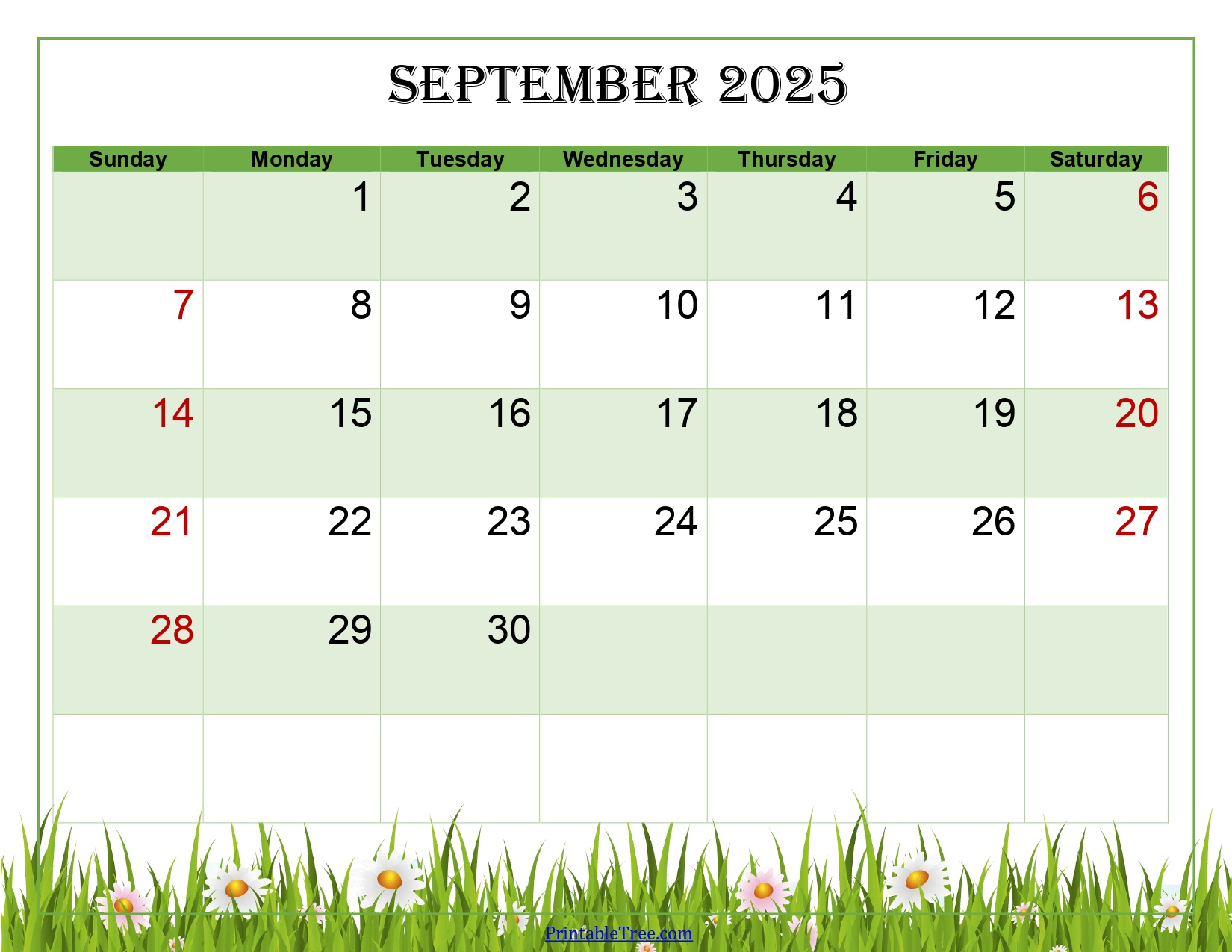 September 2025 Calendar Printable Pdf Template With Holidays - September 2025 Calendar Green