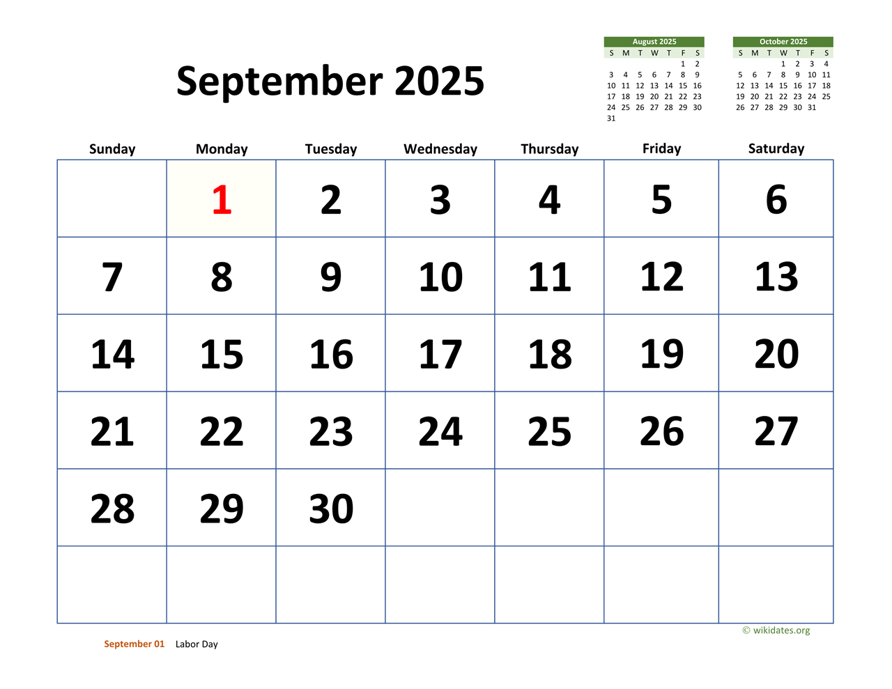September 2025 Calendar With Extra-Large Dates | Wikidates - September 2025 Calendar With Days