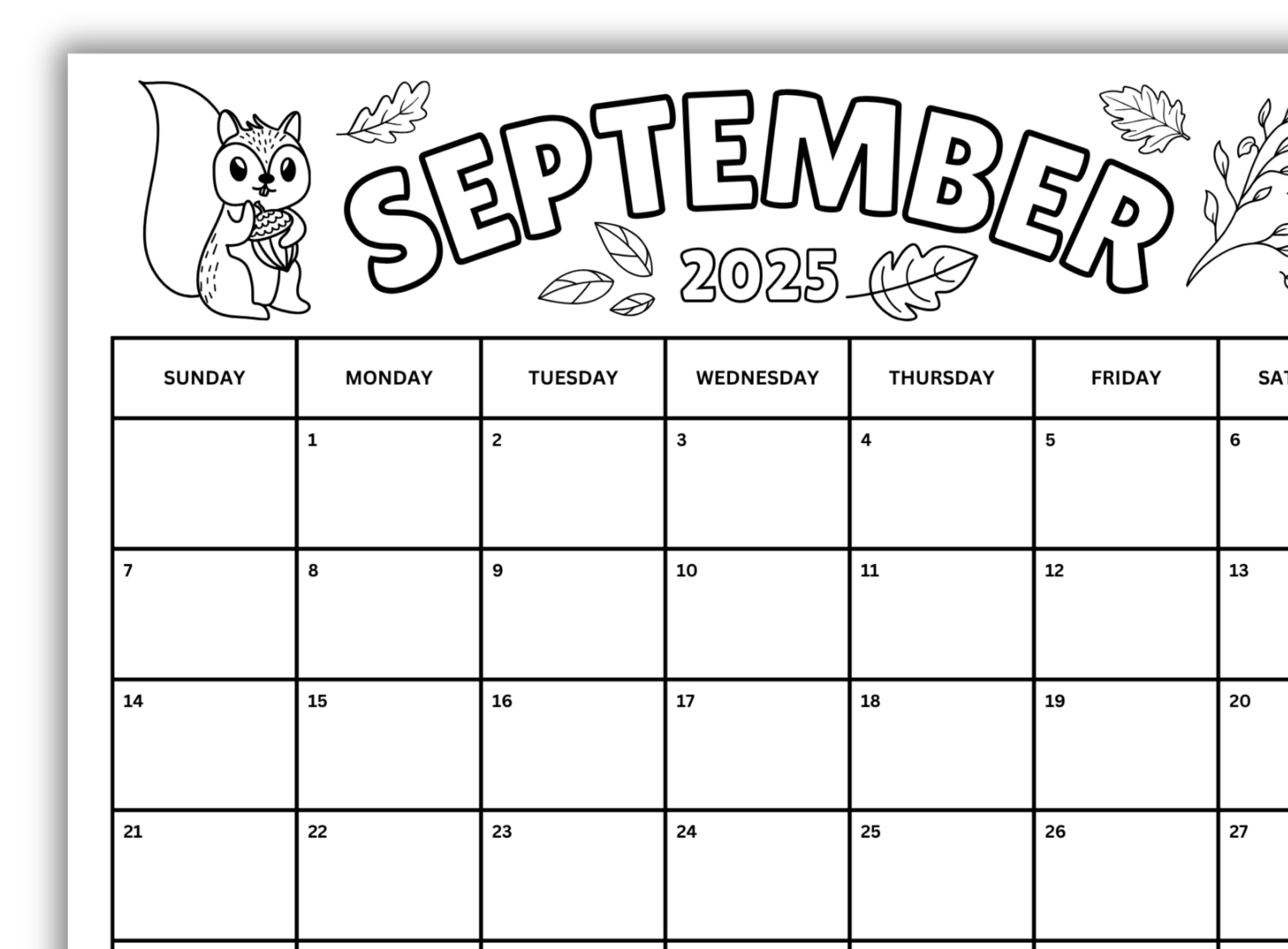 September 2025 Coloring Calendar, Printable September Calendar - September 2025 Calendar Coloring Page