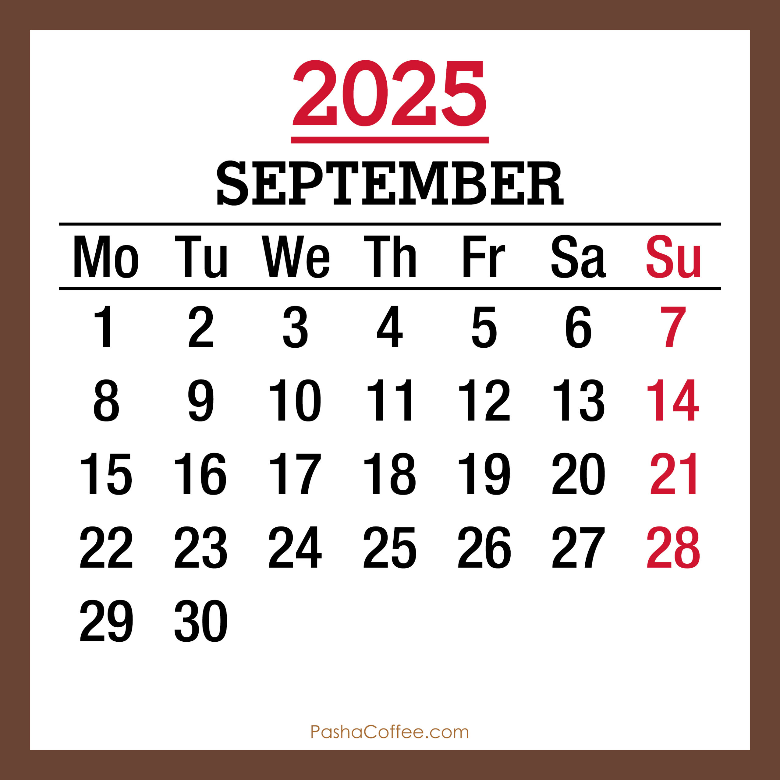 September 2025 Monthly Calendar, Printable Free, Brown, Monday - September 2025 Calendar Monday To Sunday