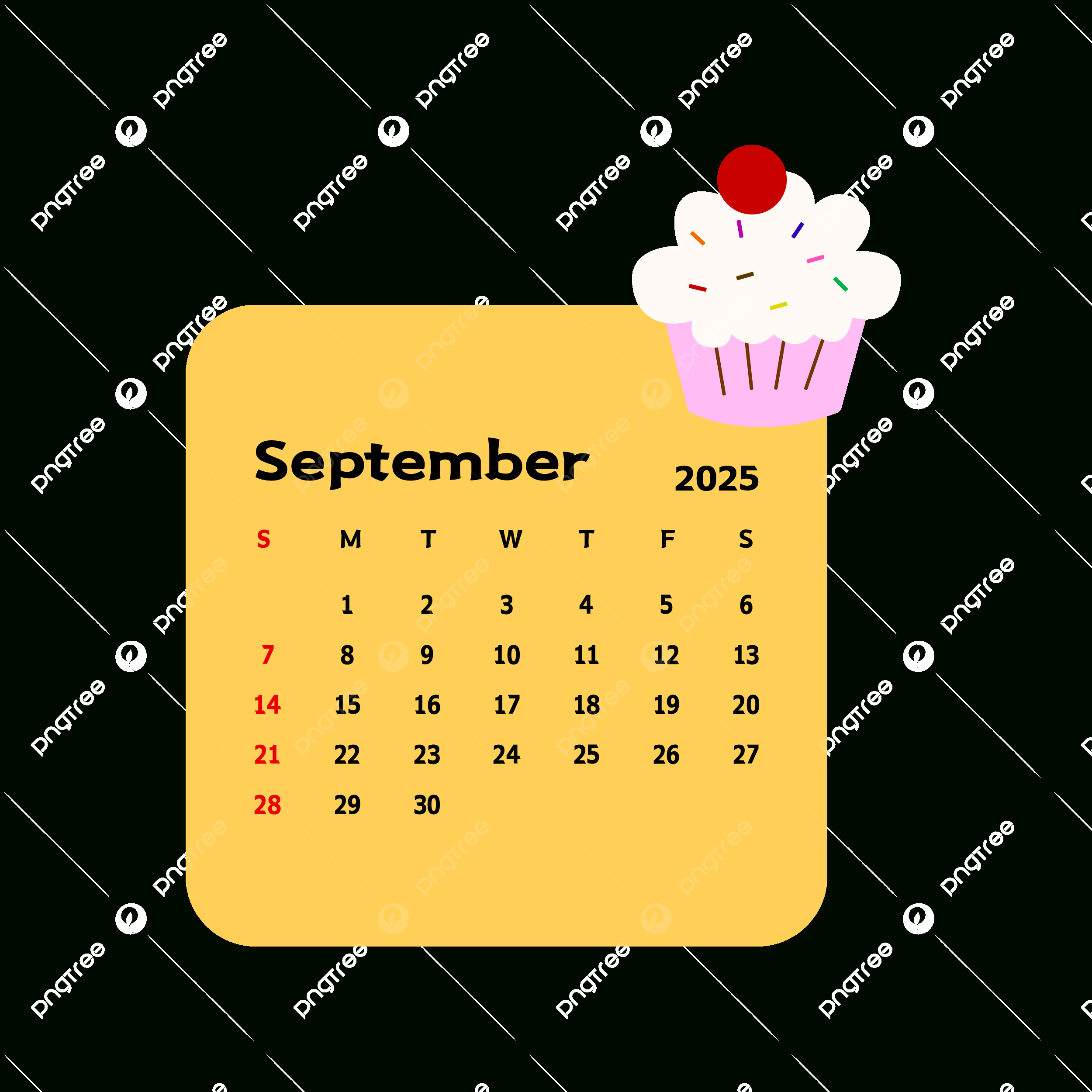 September 2025 Monthly Calendar With Cartoon Cake Vector, Cake - September 2025 Clipart