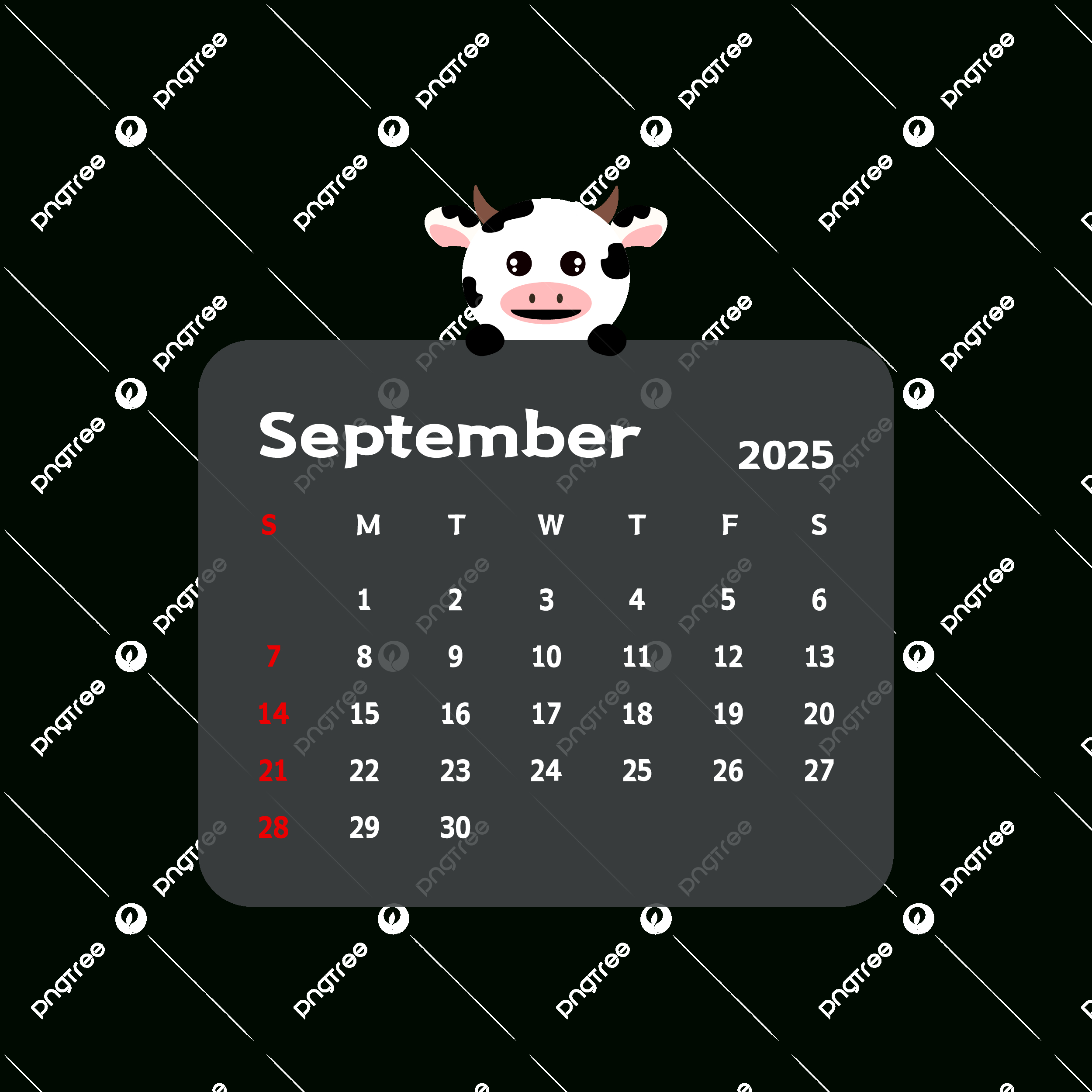 September 2025 Monthly Calendar With Cartoon Cow Vector, Cow - September 2025 Clipart