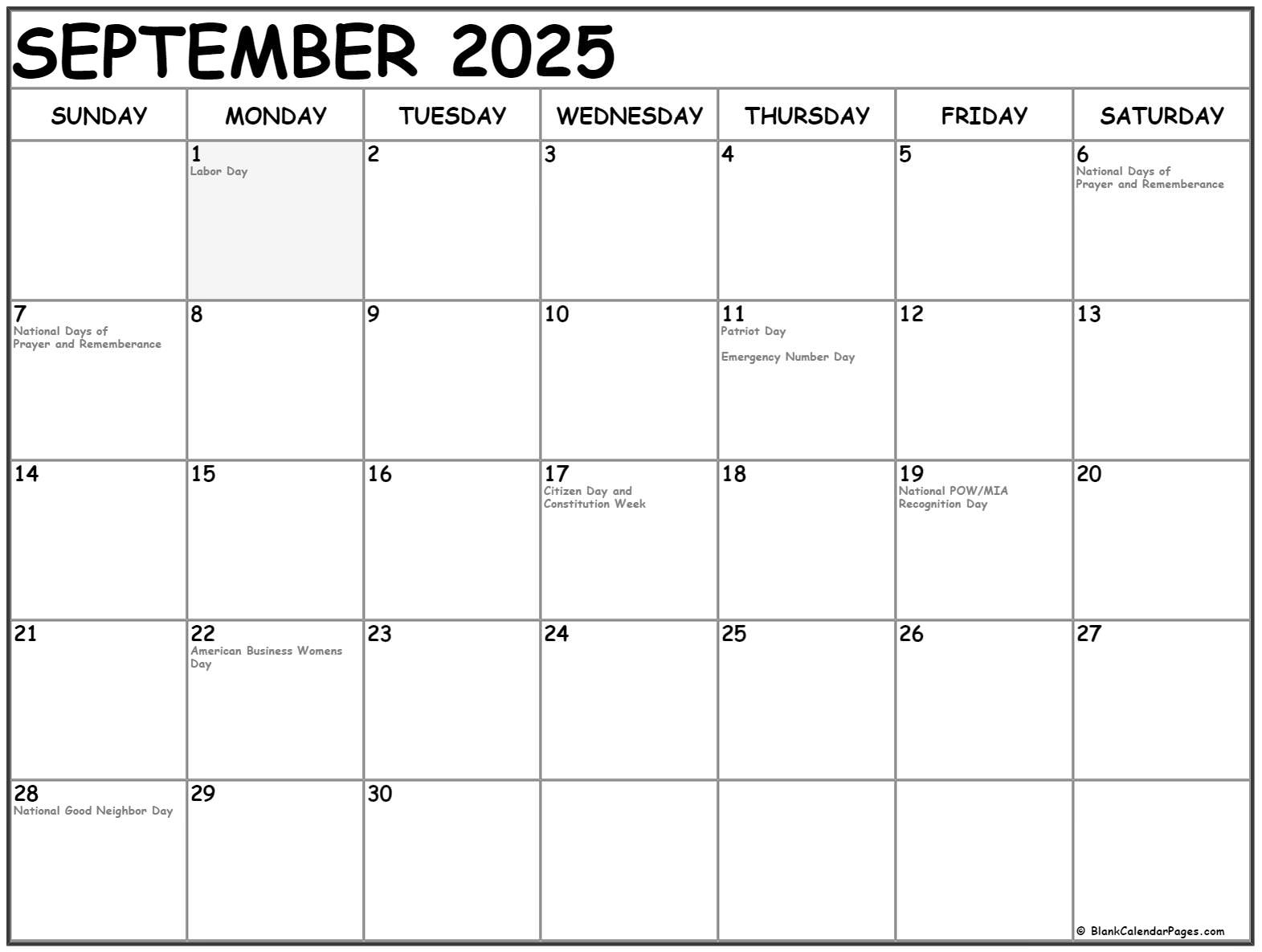 September 2025 With Holidays Calendar - National Days September 2025