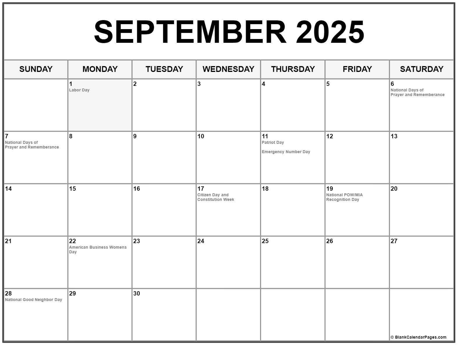 September 2025 With Holidays Calendar - September 2025 Calendar With Federal Holidays