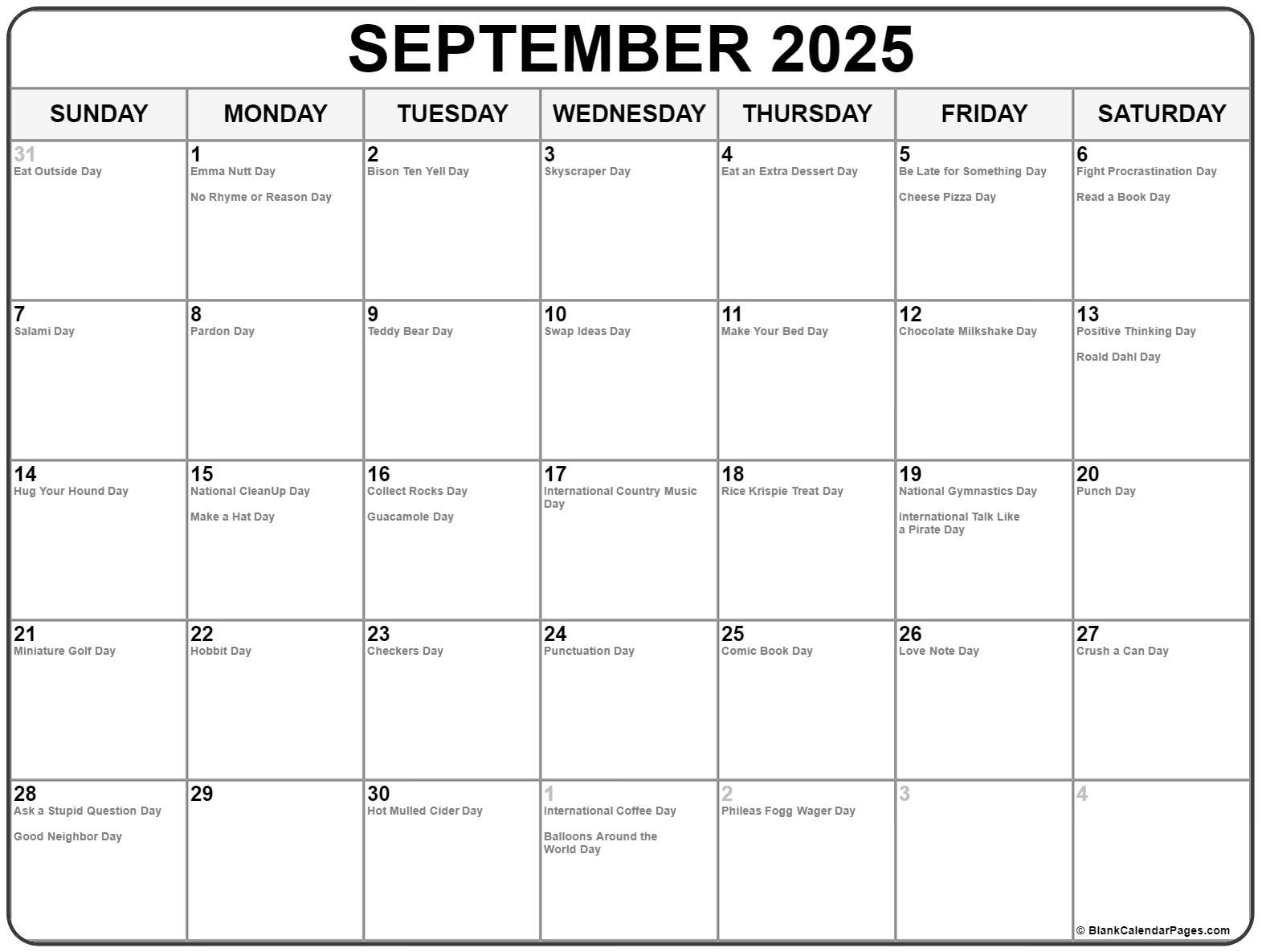 September 2025 With Holidays Calendar - September 2025 National Days